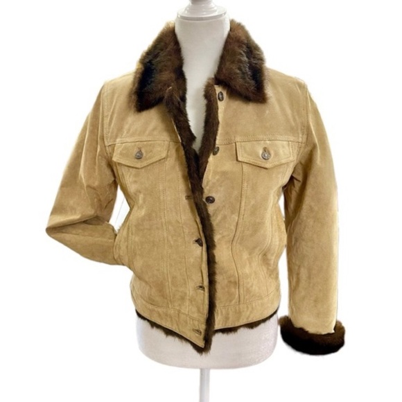 Wilson Vintage 100% Suede Leather Tan Faux Mink Fur Jacket - Picture 4 of 6